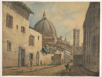 Een Straat in Florence met de Dom en Campanile op de Achtergrond